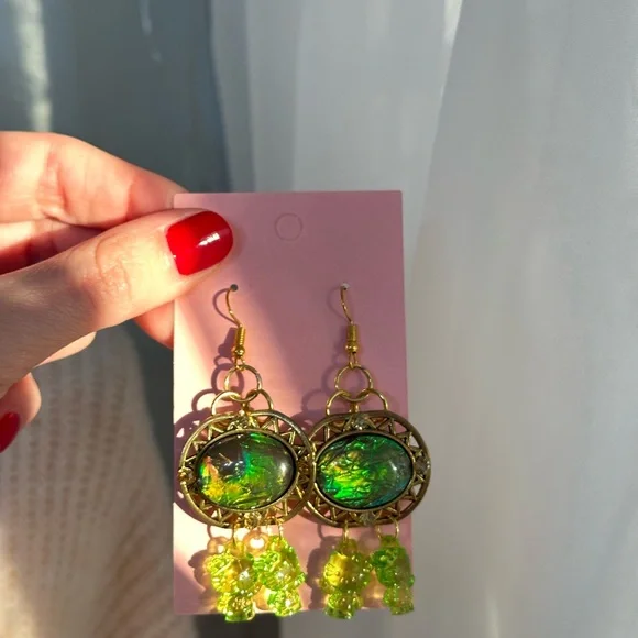 Dragon eye snake hello kitty Green Gold Dangle Earrings - Picture 3 of 4